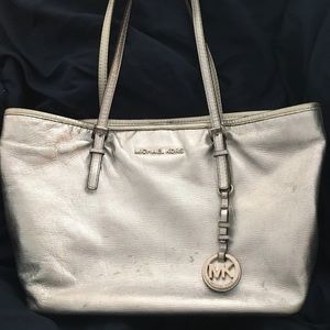 Michael Kors silver leather jet set travel tote